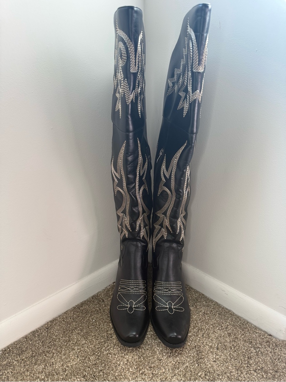 Black Embroidered Over-the-Knee Western Boots
